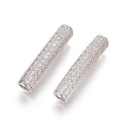 Platinum Brass Micro Pave Clear Cubic Zirconia Beads, Long-Lasting Plated, Tube Beads, Platinum, 30x6mm, Hole: 3.5mm