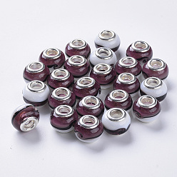 Коричневый Бусины лэмпворк европейского стиля , бусины с большим отверстием, с серебряного цвета латуни двойные сердечники, рондель, коричневые, 14x11 мм, отверстие : 5 мм