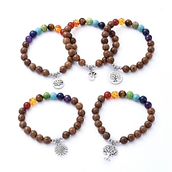 Antique Silver Chakra Jewelry, Stretch Charm Bracelets, with Natural Gemstone Beads, Wood Beads, Alloy Pendants and 304 Stainless Steel Beads, Antique Silver, Inner Diameter: 2 inch(5cm)