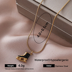 Black 304 Stainless Steel Enamel Roller Skates Pendant Necklaces for Women, with Clear Cubic Zirconia, Golden, Black, 15.75 inch(40cm)