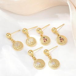 Настоящее золото 18K Плоские круглые серьги-гвоздики с подвесками в виде звезды, крыла и змеи из латуни с микропаве из кубических цирконий, стойки покрытие, долговечный, без свинца и без кадмия, реальный 18 k позолоченный, 21x10 мм