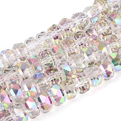 Ярко-Розовый Гальванизируйте прозрачное стекло бисер нитей, рондель, граненые, ярко-розовый, 7.5~8x4.5~5.5 мм, отверстие : 1.2~1.4 мм, около 34~37 шт / нитка, 7.09~7.28 дюйм (18~18.5 см)