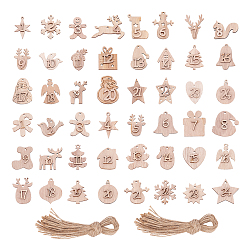 Tan 2Sets 2 Style Christmas Theme Unfinished Wood Cutouts Pendant Decorations, with Hemp Ropes, for Hanging Decoration, Mixed Shapes with Number, Tan, 1set/style