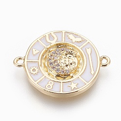 Золотой Соединители латунные эмалевые звенья, с микро проложить кубического циркония, плоские круглые с луной, белые, золотые, 18x23x2.5 мм, отверстие : 1.5 мм