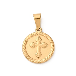 Золотой 201 подвески из нержавеющей стали, плоский круглый с подвеской в виде креста, вакуумное покрытие pvd, золотые, 18.5x16x2 мм, отверстие : 7x3 мм