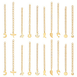Золотой 20 шт. 10 стиль 304 удлинитель цепи из нержавеющей стали, бордюрная цепь с 202 подвесками из нержавеющей стали для концевых цепей, луна и звезда и дельфин и стрекоза и цветок, золотые, 57~67 мм, 2 шт / стиль