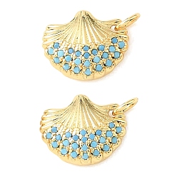 Plaqué 18K Or Véritable Breloques en laiton serties de micro-pavés de zircon cubique bleu ciel, breloques en forme de coquillage, crémaillère plaquage, plaqué longue durée, sans cadmium et sans plomb, réel 18 k plaqué or, 15x12x4mm, Trou: 3mm