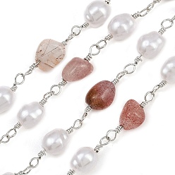 Платина Латунные самородки звенья цепи, с натуральным клубничным кварцем и жемчужиной из АБС-пластика, долговечный, стойки покрытие, без свинца и без кадмия, несварные, ручной работы из бисера цепи, платина, 17.5~18.5x7x6 mm и 16~21x6~8x3.5~5.5 mm