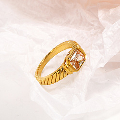 Персиковый Слойка 304 женские перстни из нержавеющей стали с кубическим цирконием, прямоугольные, реальный 18 k позолоченный, граненые, розовые, размер США 9 (18.9 мм)