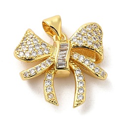 Настоящее золото 16K Латунные микропаве прозрачные подвески с фианитом, без кадмия и без свинца, бантом, реальный 16 k позолоченный, 18x19x5 мм, отверстие : 4x3.5 мм