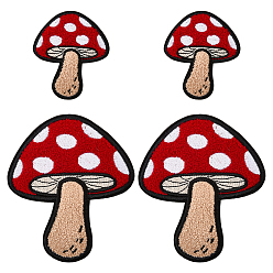FireBrick 4Pcs 2 Styles Polyester Towel Embroidery Cloth Iron on Patches, Costume Accessories, Mushroom, FireBrick, 70~115x60~100mm, 2pcs/style