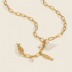 Настоящее золото 18K Модный стиль для отпуска 304 Женские ожерелья с подвеской из ракушки из нержавеющей стали и жемчугом Y-цепочка, белые, реальный 18 k позолоченный, 17.32 дюйм (44 см)