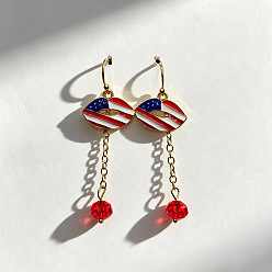 Lip Boucles d'oreilles pendantes en alliage, émail et verre, pour la fête de l'indépendance, or, rouge blanc et bleu, lèvre, 50mm