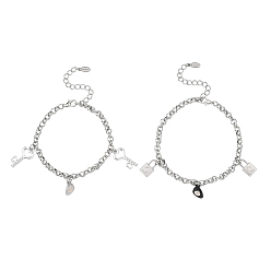 Нержавеющая Сталь Цвет 2шт. 304 браслеты с подвесками из нержавеющей стали, браслеты-цепочки для пары, Ключ и замок, с подвесками из сплава в форме магнитного сердца, цвет нержавеющей стали, 8-3/8 дюйм (21.2 см)