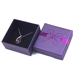 Фиолетовый Бантовый принт крафт-бумага картон ювелирные изделия ожерелье подарочные коробки, квадрат с губкой внутри, фиолетовые, 7x7x3.5 см