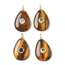 Тигровый глаз Природных тигровый глаз подвески, подвески в форме слезы с латунной микрофиброй из кубических цирконий, золотые, цвет циркона случаен, 31x18x7 мм, отверстие : 3x2 мм