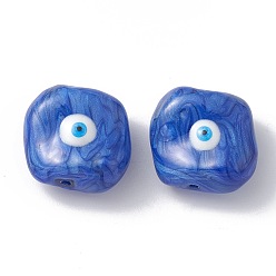 Blue Glass Beads, with Enamel, Square with Evil Eye Pattern, Blue, 20x19x10mm, Hole: 1.2mm