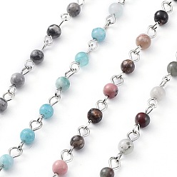 Смешанные камни Ручной драгоценный камень бисером цепочки, несварные, с железным штифтом, платина, 12x4 мм, 39.37 дюйм (1 м) / прядь