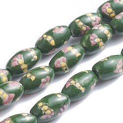 Цветок Ручной печатный шарики фарфора, овальные, цветочный узор, 14~16x8~9 мм, отверстие : 1.5~2 мм, около 23 шт / нитка, 13.5 дюйм (34 см)