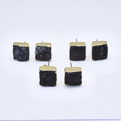 Black Natural Dyed Druzy Quartz Stud Earrings, with Brass Findings, Square, Golden, Black, 9~11x9~11x4~7mm, Pin: 0.7mm