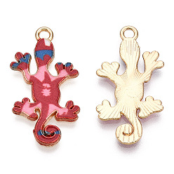 Crimson Alloy Enamel Pendants, Light Gold, Gecko Charm, Crimson, 27x14.5x1.5mm, Hole: 1.6mm