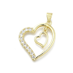 Настоящее золото 18K Латунные микро проложить кубического циркония подвески, сердце, долговечный, без свинца и без кадмия, стойки покрытие, реальный 18 k позолоченный, 27x22x2 мм, отверстие : 3.5x4 мм