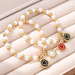 Teardrop 201 браслеты из нержавеющей стали с круглыми бусинами, с 304 подвесками из нержавеющей стали и пластиковым искусственным жемчугом, слеза с сердцем, внутренний диаметр: 1-7/8 дюйм (4.9 см), Кулон : 15x12x1.5 мм