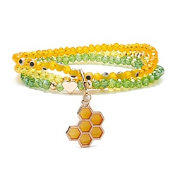 Yellow Green Round Glass Evil Eye Triple Layer Multi-strand Bracelet, Alloy Enamel Beehive Charm Stretch Bracelet for Women, Yellow Green, Inner Diameter: 2-1/4 inch(5.7cm)