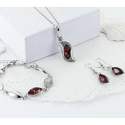 Гранат Сплава горный хрусталь комплектов ювелирных изделий, включают браслеты, серьги и ожерелья, волна/самородки, платина, гранат, 450 мм