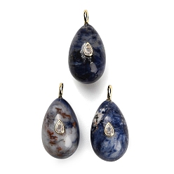 Sodalite Natural Sodalite Pendants, Teardrop Charms, with Brass Pave Cubic Zirconia Findings, Golden, 38~39.5x20~21x21.5~22.5mm, Hole: 4.5mm