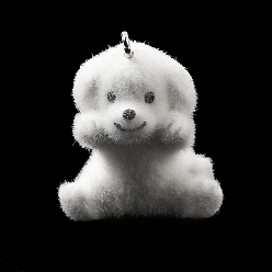 Собака Флокированные подвески из непрозрачной смолы, с платиновыми тоновыми железными петлями, белые, собачий шарм, 32x25x18 мм, отверстие : 2 мм