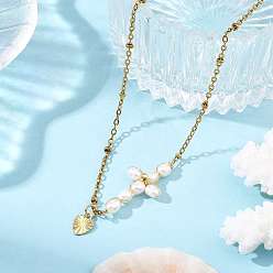 Real 18K Gold Plated 304 Stainless Steel Heart Pendant Satellite Chain Necklaces for Women, with Natural Pearl Beaded Cross, White, Real 18K Gold Plated, 15.75 inch(40cm)
