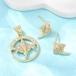 Fish Комплект из латунного кулона и серег-гвоздиков с микропаве из кубических цирконий для женщин, реальный 18 k позолоченный, manta ray, 12x9.5 мм, 20x18x3.5 мм, отверстие : 5x3.5 мм