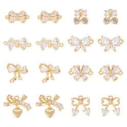 Настоящее золото 18K 16 шт 8 стили латунные подвески из микропаве с фианитом, бантом прелести, реальный 18 k позолоченный, 8.5~15x12.5~17.5x2~4 мм, отверстие : 1.2~1.5 мм, 2 шт / стиль