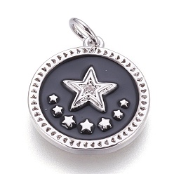 Платина Латунные подвески эмали пентакль, с кубического циркония, плоские круглые со звездой, чёрные, платина, 18x16x2 мм, отверстие : 3.5 мм