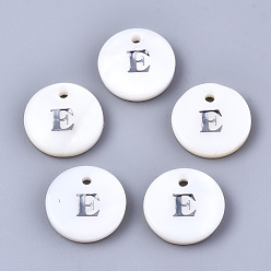 Letter E Natural Freshwater Shell Pendants, with Platinum Plated Iron Etched Metal Embellishments, Flat Round with Initial Letter, White, Letter.E, 11x2mm, Hole: 1.5mm