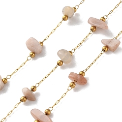 Солнечный Камень 304 цепи из нержавеющей стали ссылка, пайки, с натуральным солнечным камнем, с катушкой, ионное покрытие (ip), реальный 18 k позолоченный, 3~5.5x3~11.5x1~3.5 мм, около 32.81 футов (10 м) / рулон