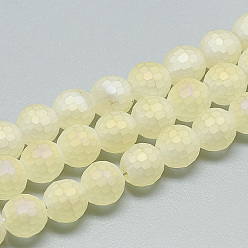Light Yellow Electroplate Glass Beads Strands, Frosted Style, Faceted Round, Light Yellow, 10x9mm, Hole: 1.5mm, about 70pcs/strand, 25.2 inch