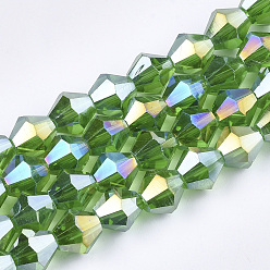 Lime Green Electroplate Glass Beads Strands, AB Color Plated, Faceted, Bicone, Lime Green, 6x5.5~6mm, Hole: 1mm, about 47~48pcs/strand, 10.83 inch(27.5cm)