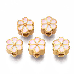 Pink Рейка покрытие сплава эмалевые бусины, без кадмия и без свинца, матовый золотой цвет, цветок, розовые, 7x7x6.5 мм, отверстие : 2 мм