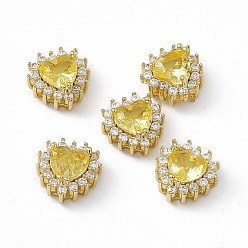 Желтый Стойки обшивки латунь микро проложить кубического циркония бусы, со стеклом, реальный 18 k позолоченный, долговечный, без кадмия, без никеля и без свинца, сердце, желтые, 10.5x10.5x6 мм, отверстие : 1.2~3.5x1.2~1.4 мм