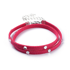 Cerise Daim faux bracelets d'enveloppe de cordon, doubles boucles, avec strass acrylique, 304 pinces à homard en acier inoxydable et accessoires en fer, cerise, 14-5/8 pouce (37 cm)