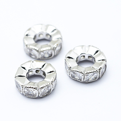 Platinum Brass Micro Pave Cubic Zirconia European Beads, Large Hole Beads, Flat Round, Platinum, 10x3.5mm, Hole: 4mm