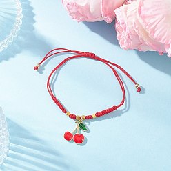 Вишня Сплав эмали шарм браслеты, Браслеты из нейлоновой нити плетеные для женщин, вишня, внутренний диаметр: 3~3-1/8 дюйм (7.7~7.8 см)
