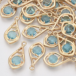 Dark Turquoise Faceted Glass Pendants, with Eco-Friendly Alloy Open Back Settings, Nickel Free, Teardrop, Light Gold, Dark Turquoise, 21x11x3.5mm, Hole: 1.6mm
