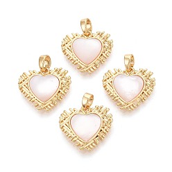 Настоящее золото 18K Натуральный белый оболочки подвески, подвески в форме сердца с латунной оправой, реальный 18 k позолоченный, 16.5x18x3~3.5 мм, отверстие : 4.5x2.5 мм