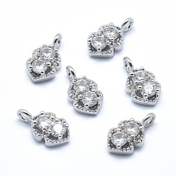 Платинированный Латунь прелести, с кубического циркония, без кадмия, без никеля и без свинца, Двойное сердце, прозрачные, Реальная платина, 12x6.5x3.5 мм, отверстие : 1.5 мм