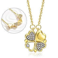 Golden 2 in 1 Four Crystal Rhinestone Clover Pendant Necklace, Alloy Magnetic Heart Necklace for Women, Golden, 17.72 inch(45cm)