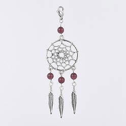 Purple Alloy Big Pendants, with Cat Eye Beads and 304 Stainless Steel Lobster Claw Clasps, Woven Net/Web with Feather, Purple, 95mm