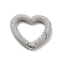 Platinum Brass Micro Pave Clear Cubic Zirconia Spring Gate Rings, Cadmium Free & Lead Free, Heart, Platinum, 26x27x4mm